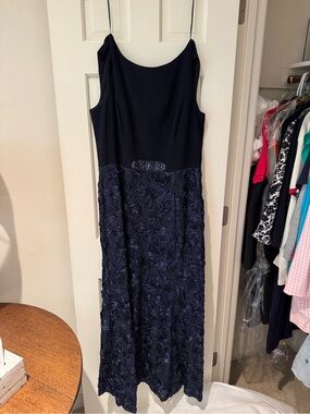 Alex Evenings Navy Sleeveless Maxi Gown with Textured Floral Skirt